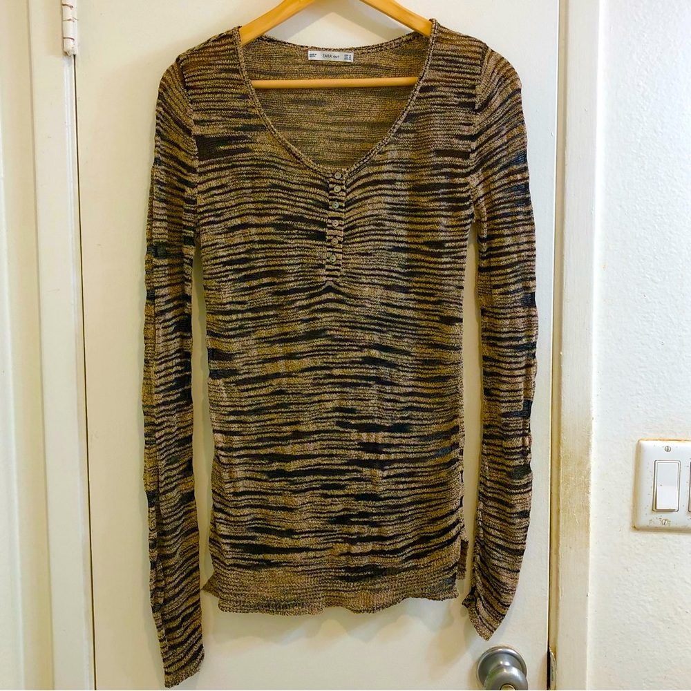 Zara Knit Wool Blend Long Sleeve Top Button Up Semi-Sheer Stretch Size Medium.